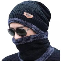 Wool Beanie Cap & Muffler for Mens & Women Winter Cap for Men Mens Woolen Cap with Neck Muffler Winter Muffler for Women Soft Woolen Muffler & Cap for Men & Women Black